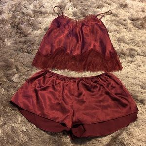 Victoria Secret Burgundy Satin Pajama Set w/ lace